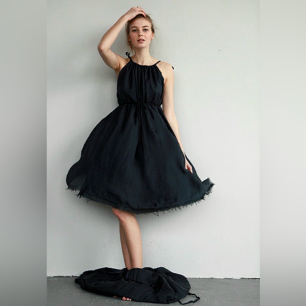 PIP-SQUEAK CHAPEAU Nisse Off Black Silk Distressed Dress One Size VGUC